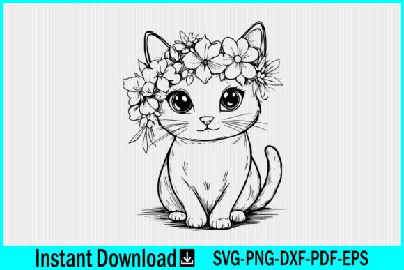 Cute Cat with Flowers Line Art SVG File Review